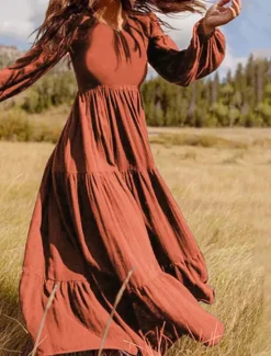 Sale Women's Swing Dress Long Dress Maxi Dress Dark Green Brown Black Long Sleeve Pure Color Ruched Pleated Patchwork Fall Spring V Neck Boho Casual Fall Dress Lantern Sleeve Loose Fit M L XL XXL XXXL 4XL Women Casual Dress