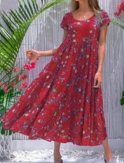 New Women's Swing Dress Tiered Dress Floral Ditsy Floral Print Crew Neck Long Dress Maxi Dress Tropical Boho Home Holiday Short Sleeve Regular Fit Wine Blue Green Summer Fall S M L XL 2XL Women Spring Dresses|Floral Dresses