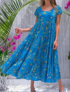 New Women's Swing Dress Tiered Dress Floral Ditsy Floral Print Crew Neck Long Dress Maxi Dress Tropical Boho Home Holiday Short Sleeve Regular Fit Wine Blue Green Summer Fall S M L XL 2XL Women Spring Dresses|Floral Dresses