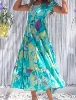 New Women's Swing Dress Tiered Dress Floral Ditsy Floral Print Crew Neck Long Dress Maxi Dress Tropical Boho Home Holiday Short Sleeve Regular Fit Wine Blue Green Summer Fall S M L XL 2XL Women Spring Dresses|Floral Dresses
