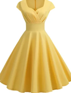Clearance Women's Swing Dress Vintage Tea Dresses Midi Dress Black Yellow Pink Short Sleeve Pure Color Ruched Spring Summer Crew Neck Vintage Daily Weekend Slim S M L XL XXL Women Cocktail Dress