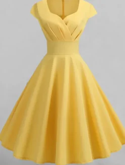Clearance Women's Swing Dress Vintage Tea Dresses Midi Dress Black Yellow Pink Short Sleeve Pure Color Ruched Spring Summer Crew Neck Vintage Daily Weekend Slim S M L XL XXL Women Cocktail Dress