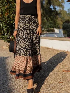 Hot Women's Swing Long Skirt Bohemia Maxi Skirts Ruffle Print Graphic Street Vacation Spring & Summer Fashion coastal grandma style Boho Black Light Green Blue Purple Women Skirts