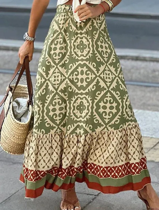 Hot Women's Swing Long Skirt Bohemia Maxi Skirts Ruffle Print Graphic Street Vacation Spring & Summer Fashion coastal grandma style Boho Black Light Green Blue Purple Women Skirts