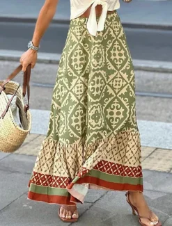 Hot Women's Swing Long Skirt Bohemia Maxi Skirts Ruffle Print Graphic Street Vacation Spring & Summer Fashion coastal grandma style Boho Black Light Green Blue Purple Women Skirts