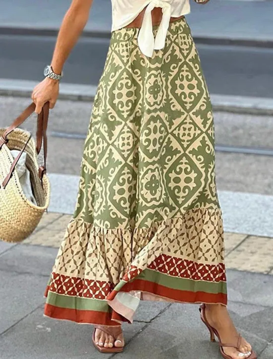 Hot Women's Swing Long Skirt Bohemia Maxi Skirts Ruffle Print Graphic Street Vacation Spring & Summer Fashion coastal grandma style Boho Black Light Green Blue Purple Women Skirts