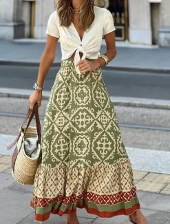 Hot Women's Swing Long Skirt Bohemia Maxi Skirts Ruffle Print Graphic Street Vacation Spring & Summer Fashion coastal grandma style Boho Black Light Green Blue Purple Women Skirts