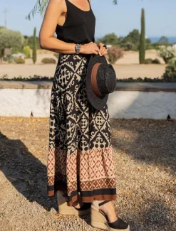 Hot Women's Swing Long Skirt Bohemia Maxi Skirts Ruffle Print Graphic Street Vacation Spring & Summer Fashion coastal grandma style Boho Black Light Green Blue Purple Women Skirts