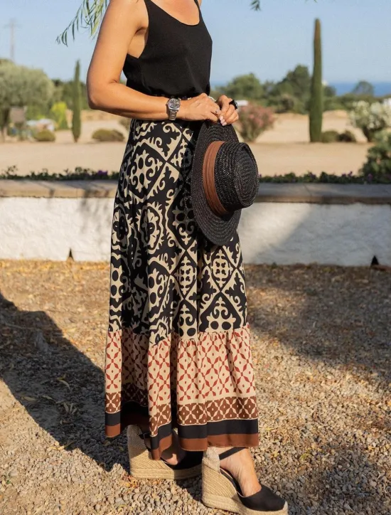 Hot Women's Swing Long Skirt Bohemia Maxi Skirts Ruffle Print Graphic Street Vacation Spring & Summer Fashion coastal grandma style Boho Black Light Green Blue Purple Women Skirts