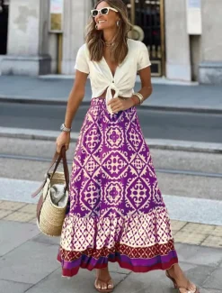 Hot Women's Swing Long Skirt Bohemia Maxi Skirts Ruffle Print Graphic Street Vacation Spring & Summer Fashion coastal grandma style Boho Black Light Green Blue Purple Women Skirts