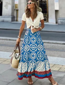 Hot Women's Swing Long Skirt Bohemia Maxi Skirts Ruffle Print Graphic Street Vacation Spring & Summer Fashion coastal grandma style Boho Black Light Green Blue Purple Women Skirts