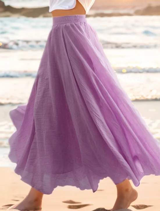 Clearance Women's Swing Long Skirt Casual Summer Maxi High Waist Skirts Solid Colored Layered Long Holiday Casual Daily Light Yellow Pink purple Mint Green Lavender Spring & Summer Linen Cotton Blend Women Skirts