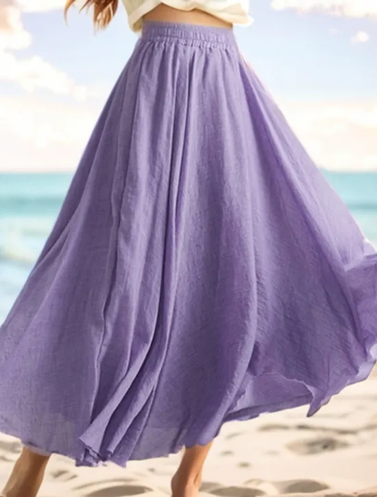 Clearance Women's Swing Long Skirt Casual Summer Maxi High Waist Skirts Solid Colored Layered Long Holiday Casual Daily Light Yellow Pink purple Mint Green Lavender Spring & Summer Linen Cotton Blend Women Skirts