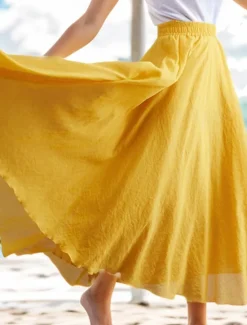 Sale Women's Swing Long Skirt Casual Summer Maxi High Waist Skirts Solid Colored Layered Long Holiday Casual Daily Peacock Blue Blue Ginger Orange Spring & Summer Linen Cotton Blend Women Skirts
