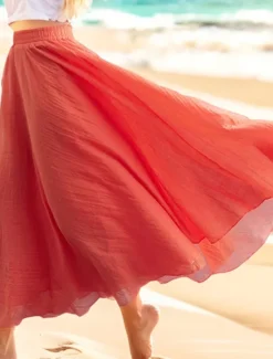 Sale Women's Swing Long Skirt Casual Summer Maxi High Waist Skirts Solid Colored Layered Long Holiday Casual Daily Peacock Blue Blue Ginger Orange Spring & Summer Linen Cotton Blend Women Skirts