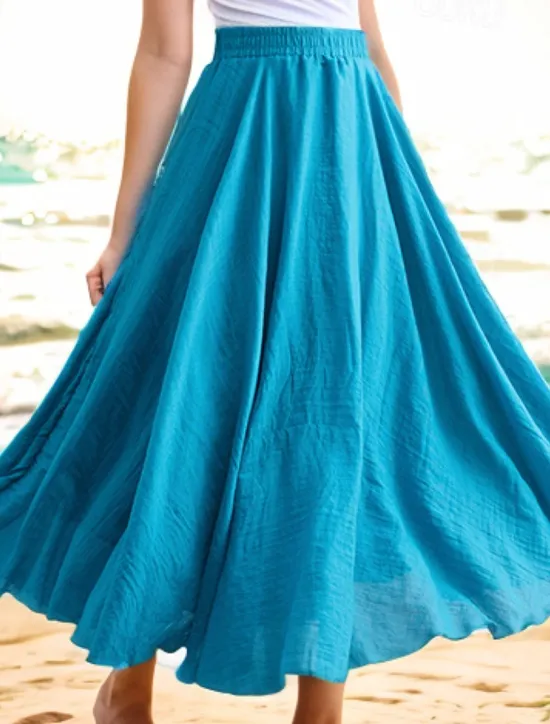 Sale Women's Swing Long Skirt Casual Summer Maxi High Waist Skirts Solid Colored Layered Long Holiday Casual Daily Peacock Blue Blue Ginger Orange Spring & Summer Linen Cotton Blend Women Skirts