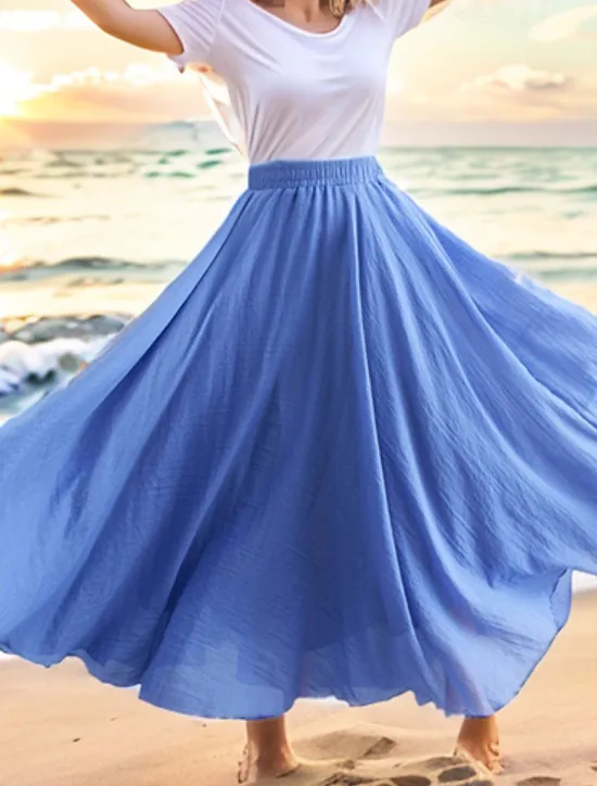 Sale Women's Swing Long Skirt Casual Summer Maxi High Waist Skirts Solid Colored Layered Long Holiday Casual Daily Peacock Blue Blue Ginger Orange Spring & Summer Linen Cotton Blend Women Skirts