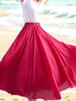 Outlet Women's Swing Long Skirt Casual Summer Maxi High Waist Skirts Solid Colored Layered Long Holiday Casual Daily Black Dark Gray Green Khaki Spring & Summer Linen Cotton Blend Women Skirts