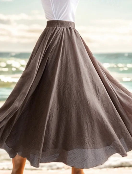 Outlet Women's Swing Long Skirt Casual Summer Maxi High Waist Skirts Solid Colored Layered Long Holiday Casual Daily Black Dark Gray Green Khaki Spring & Summer Linen Cotton Blend Women Skirts
