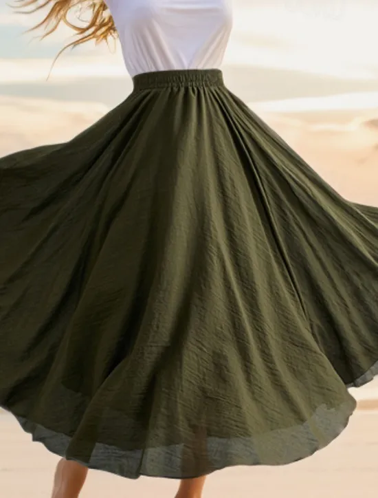 Outlet Women's Swing Long Skirt Casual Summer Maxi High Waist Skirts Solid Colored Layered Long Holiday Casual Daily Black Dark Gray Green Khaki Spring & Summer Linen Cotton Blend Women Skirts