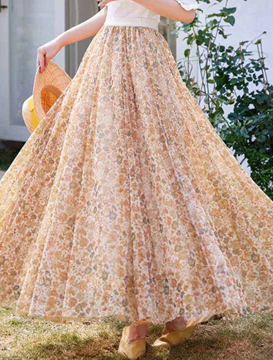 Hot Women's Swing Long Skirt Midi Skirts Lace Layered Print Floral Solid Colored Daily Date Spring & Summer Elegant Long Summer Black Pink Blue Orange Women Skirts