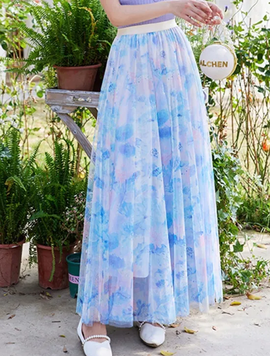 Hot Women's Swing Long Skirt Midi Skirts Lace Layered Print Floral Solid Colored Daily Date Spring & Summer Elegant Long Summer Black Pink Blue Orange Women Skirts