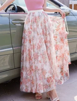 Hot Women's Swing Long Skirt Midi Skirts Lace Layered Print Floral Solid Colored Daily Date Spring & Summer Elegant Long Summer Black Pink Blue Orange Women Skirts