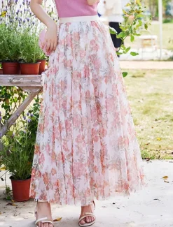 Hot Women's Swing Long Skirt Midi Skirts Lace Layered Print Floral Solid Colored Daily Date Spring & Summer Elegant Long Summer Black Pink Blue Orange Women Skirts