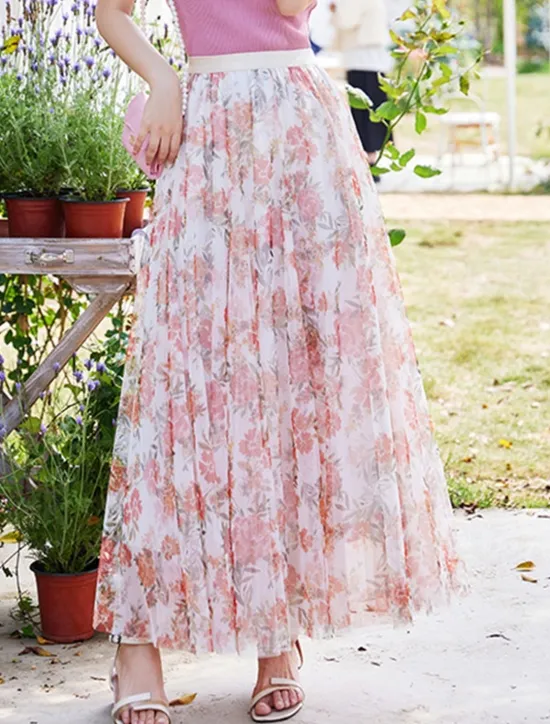 Hot Women's Swing Long Skirt Midi Skirts Lace Layered Print Floral Solid Colored Daily Date Spring & Summer Elegant Long Summer Black Pink Blue Orange Women Skirts