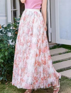 Hot Women's Swing Long Skirt Midi Skirts Lace Layered Print Floral Solid Colored Daily Date Spring & Summer Elegant Long Summer Black Pink Blue Orange Women Skirts