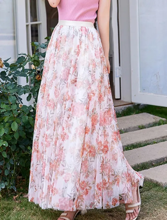 Hot Women's Swing Long Skirt Midi Skirts Lace Layered Print Floral Solid Colored Daily Date Spring & Summer Elegant Long Summer Black Pink Blue Orange Women Skirts