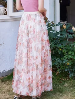 Hot Women's Swing Long Skirt Midi Skirts Lace Layered Print Floral Solid Colored Daily Date Spring & Summer Elegant Long Summer Black Pink Blue Orange Women Skirts