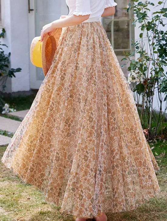 Hot Women's Swing Long Skirt Midi Skirts Lace Layered Print Floral Solid Colored Daily Date Spring & Summer Elegant Long Summer Black Pink Blue Orange Women Skirts