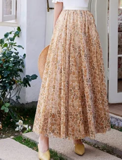Hot Women's Swing Long Skirt Midi Skirts Lace Layered Print Floral Solid Colored Daily Date Spring & Summer Elegant Long Summer Black Pink Blue Orange Women Skirts