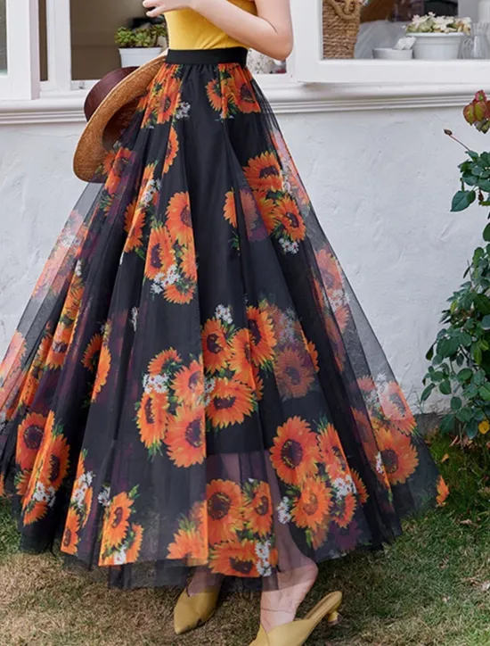 Hot Women's Swing Long Skirt Midi Skirts Lace Layered Print Floral Solid Colored Daily Date Spring & Summer Elegant Long Summer Black Pink Blue Orange Women Skirts