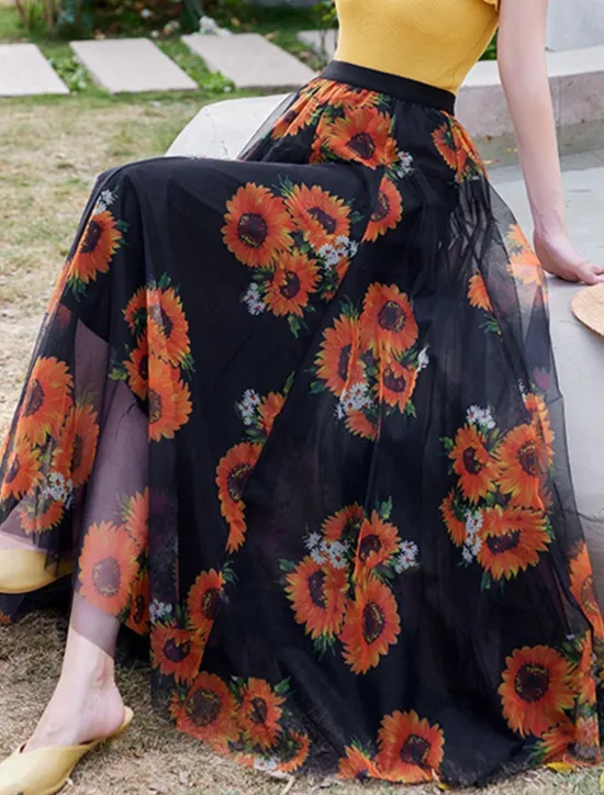 Hot Women's Swing Long Skirt Midi Skirts Lace Layered Print Floral Solid Colored Daily Date Spring & Summer Elegant Long Summer Black Pink Blue Orange Women Skirts