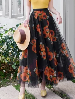 Hot Women's Swing Long Skirt Midi Skirts Lace Layered Print Floral Solid Colored Daily Date Spring & Summer Elegant Long Summer Black Pink Blue Orange Women Skirts