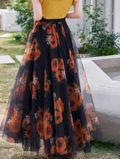 Hot Women's Swing Long Skirt Midi Skirts Lace Layered Print Floral Solid Colored Daily Date Spring & Summer Elegant Long Summer Black Pink Blue Orange Women Skirts