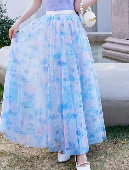 Hot Women's Swing Long Skirt Midi Skirts Lace Layered Print Floral Solid Colored Daily Date Spring & Summer Elegant Long Summer Black Pink Blue Orange Women Skirts