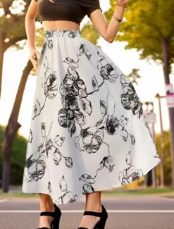 Online Women's Swing Long Skirt Midi Skirts Chiffon Print Floral Daily Holiday Spring & Summer Chiffon Elegant Fashion Black White Women Skirts