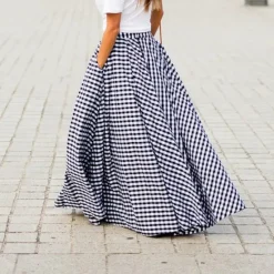 Clearance Women's Swing Plaid Skirt Long Skirt Fashion coastal grandma style Basic Summer Maxi Skirts Plaid Tartan Plaid Checkered Pocket Vacation Street Black Blue Summer Cotton Spandex Women Skirts