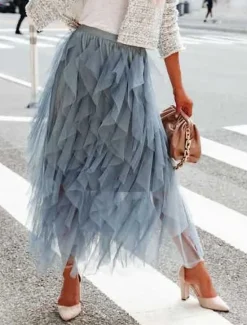 Clearance Women's Swing Work Skirts Tutu Midi Skirts Pleated Tulle Solid Colored Office / Career Street Autumn / Fall Elegant Vintage Fashion Black Pink Beige Gray Women Skirts