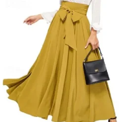 Best Women's Swing Work Skirts Long Skirt Elegant Fashion Casual Maxi Skirts Solid Colored Pleated Street Going out Black Yellow Pink Wine All Seasons Cotton Blend Women Skirts