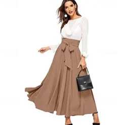 Best Women's Swing Work Skirts Long Skirt Elegant Fashion Casual Maxi Skirts Solid Colored Pleated Street Going out Black Yellow Pink Wine All Seasons Cotton Blend Women Skirts