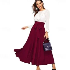Best Women's Swing Work Skirts Long Skirt Elegant Fashion Casual Maxi Skirts Solid Colored Pleated Street Going out Black Yellow Pink Wine All Seasons Cotton Blend Women Skirts