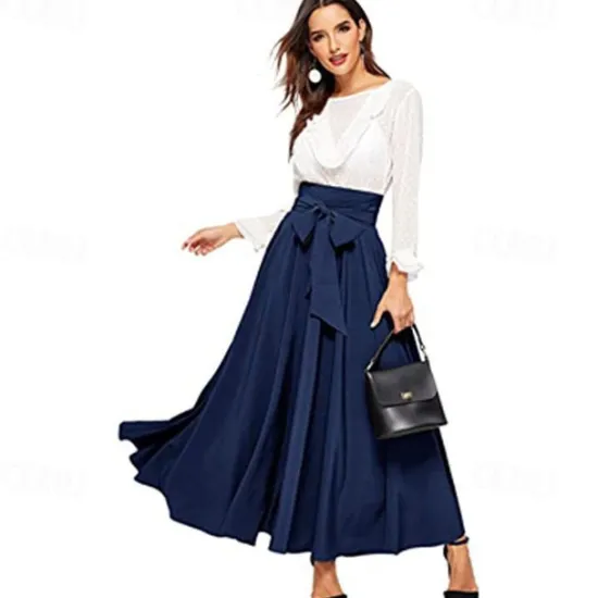 Best Women's Swing Work Skirts Long Skirt Elegant Fashion Casual Maxi Skirts Solid Colored Pleated Street Going out Black Yellow Pink Wine All Seasons Cotton Blend Women Skirts