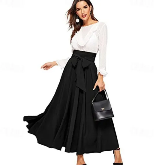 Best Women's Swing Work Skirts Long Skirt Elegant Fashion Casual Maxi Skirts Solid Colored Pleated Street Going out Black Yellow Pink Wine All Seasons Cotton Blend Women Skirts