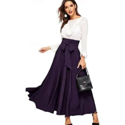 Best Women's Swing Work Skirts Long Skirt Elegant Fashion Casual Maxi Skirts Solid Colored Pleated Street Going out Black Yellow Pink Wine All Seasons Cotton Blend Women Skirts