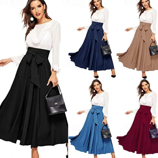 Best Women's Swing Work Skirts Long Skirt Elegant Fashion Casual Maxi Skirts Solid Colored Pleated Street Going out Black Yellow Pink Wine All Seasons Cotton Blend Women Skirts