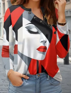 Best Women's T Shirt Abstract Casual Long Sleeve V Neck Regular Tops Daily Buttons Print Spring Fall Women T-Shirts